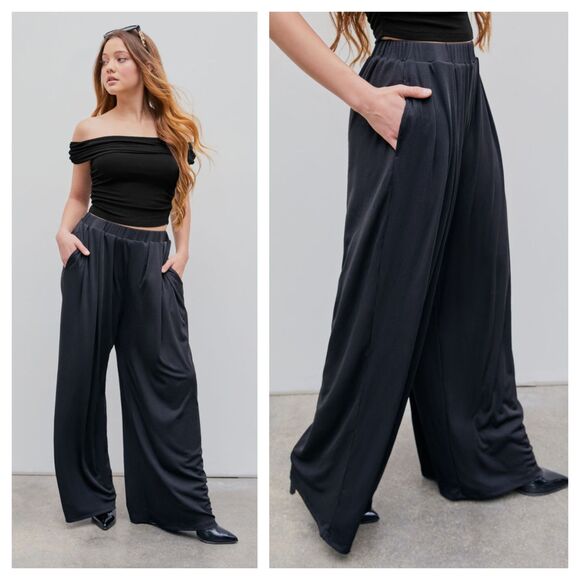 Cider Pants - Cider Solid Elastic Waist Pocket Wide Leg Pants